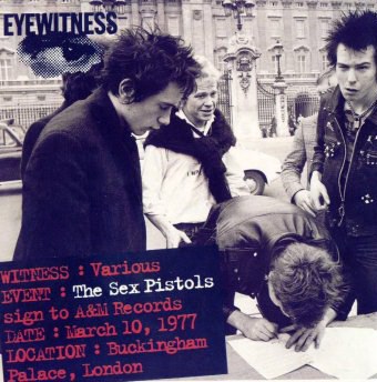 Sex Pistol, Steve Jones scribbles the document while the rest of the band look on. - (Don't Care collection)